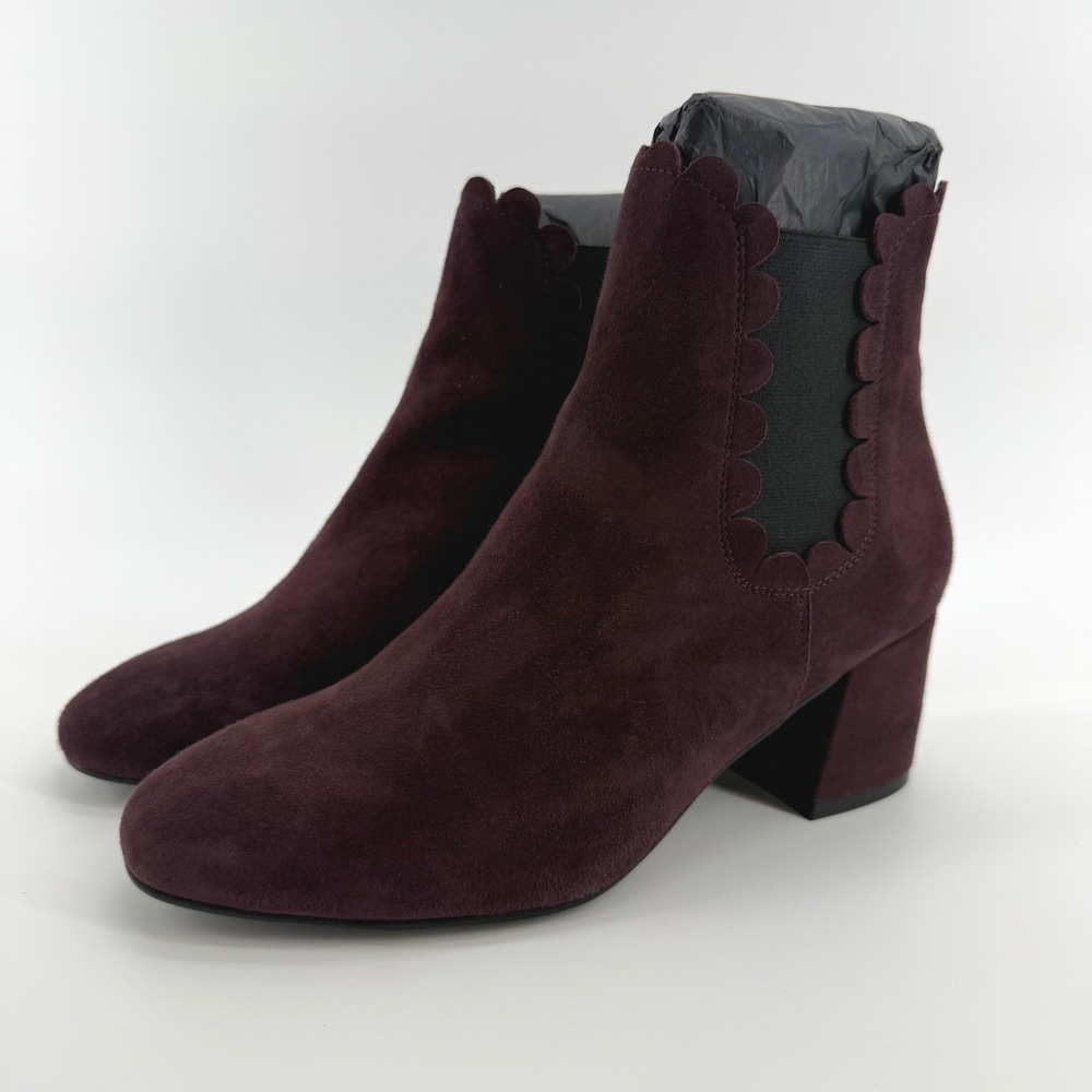 Ava & Aiden Burgundy Suede‎ Scalloped Trim Block Heel Ankle Boots Size 38 Spain